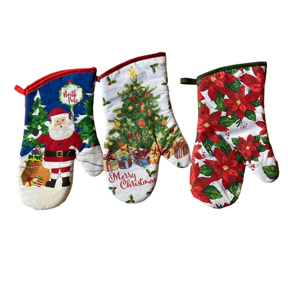 Christmas Themed Fabric Oven Mitts Glove Lot of 3